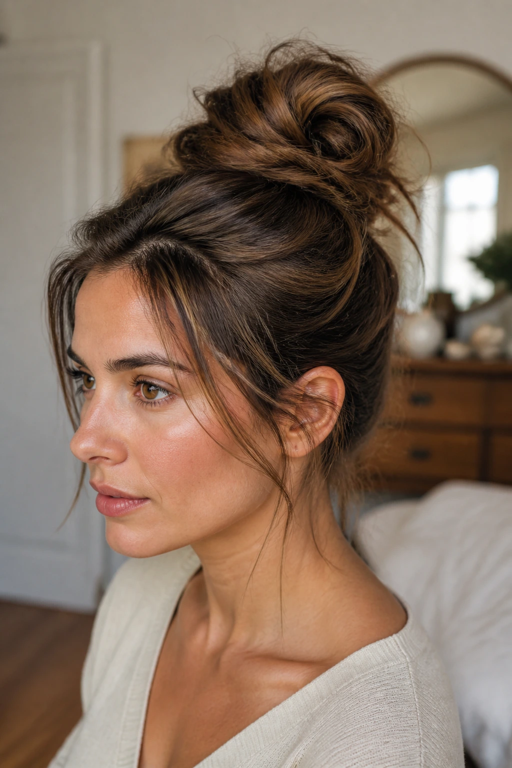 Close-up of a real person with a controlled textured bun and subtle grip.