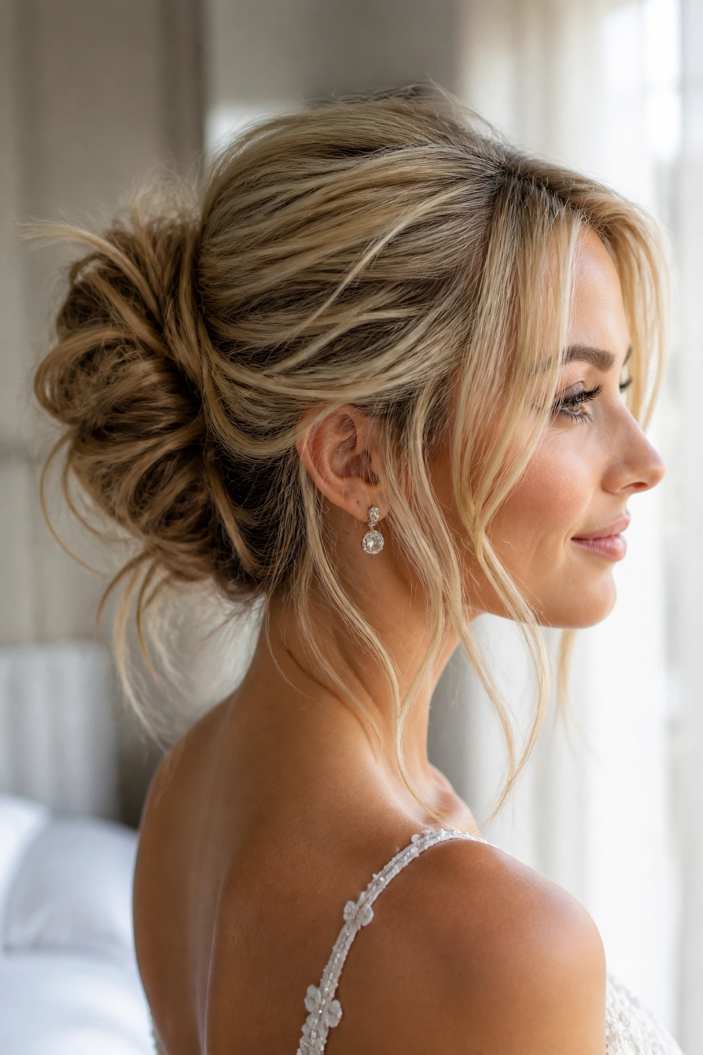 Real bride with textured blonde messy bun and tendrils framing the face.