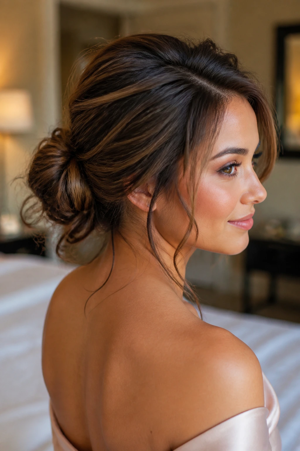 Close-up of a woman with a textured bun at the nape and crown lift