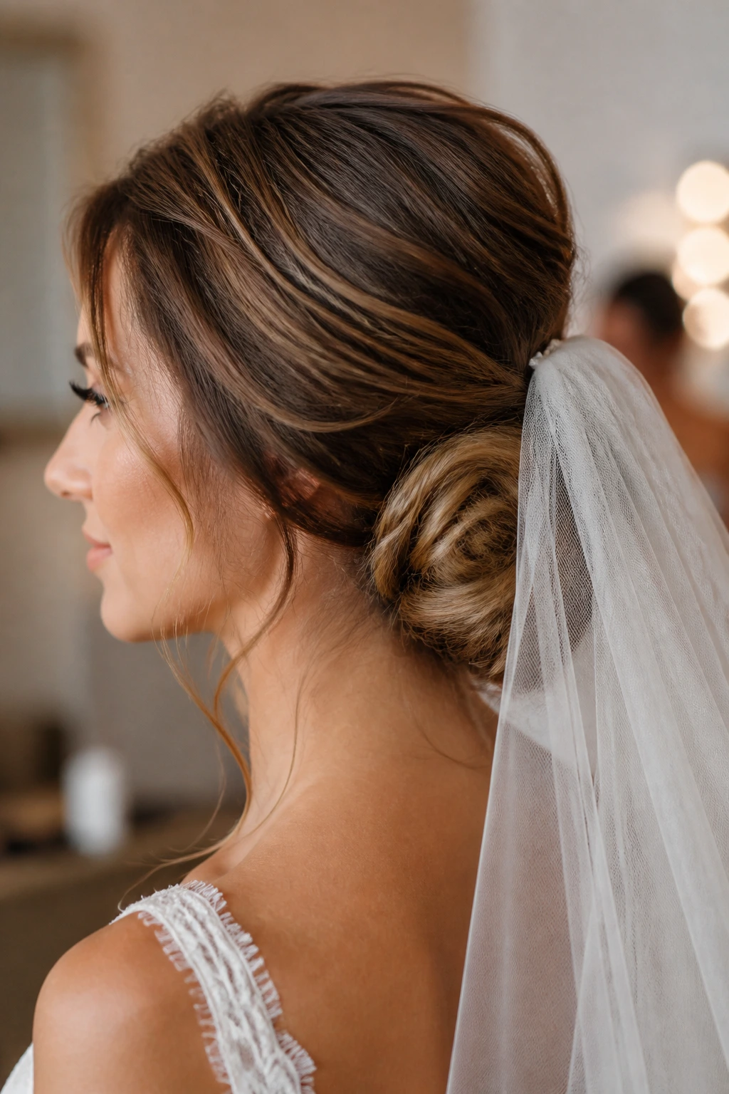Close-up of textured low bun at nape with veil placement on a real bride