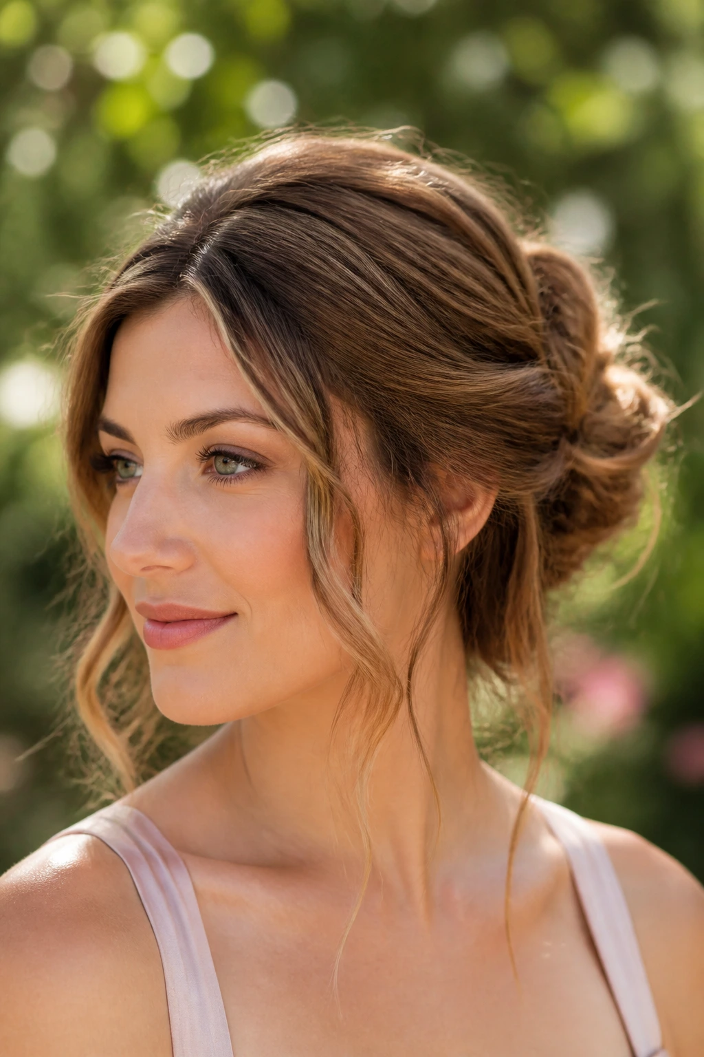 Close-up of textured bun with face-framing pieces on real person in garden