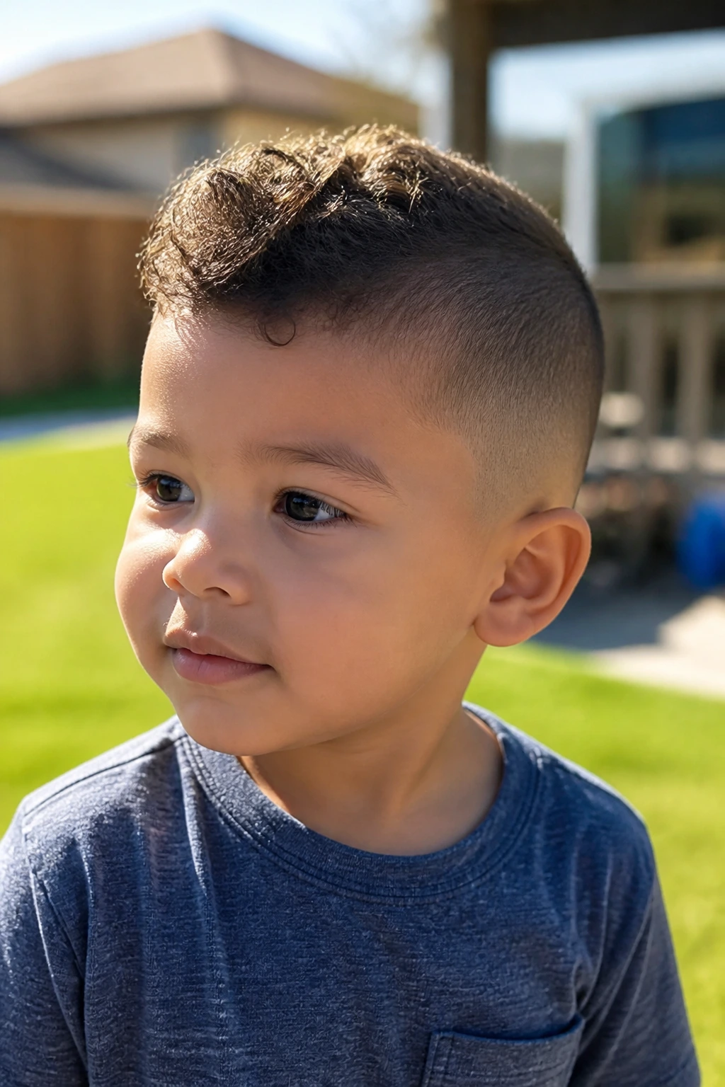 Toddler boy with textured buzz leaving curl on the left side