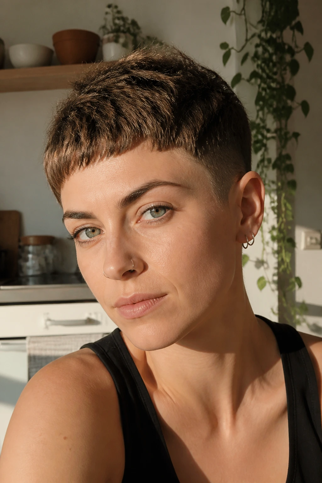 Close-up portrait of a real woman wearing a textured Caesar with short fringe