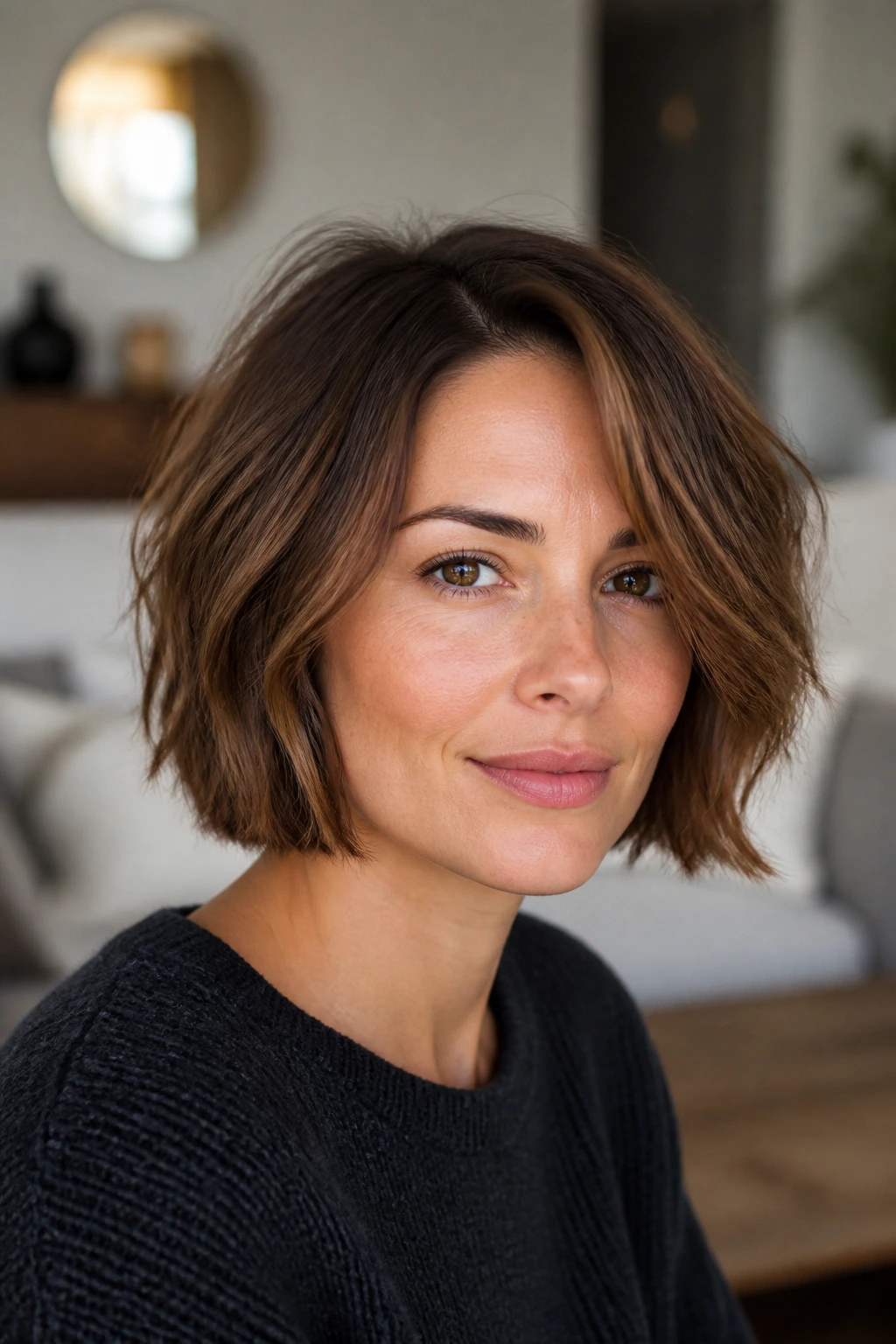 Close-up of a real woman with a textured chin-length bob and slight off-center part