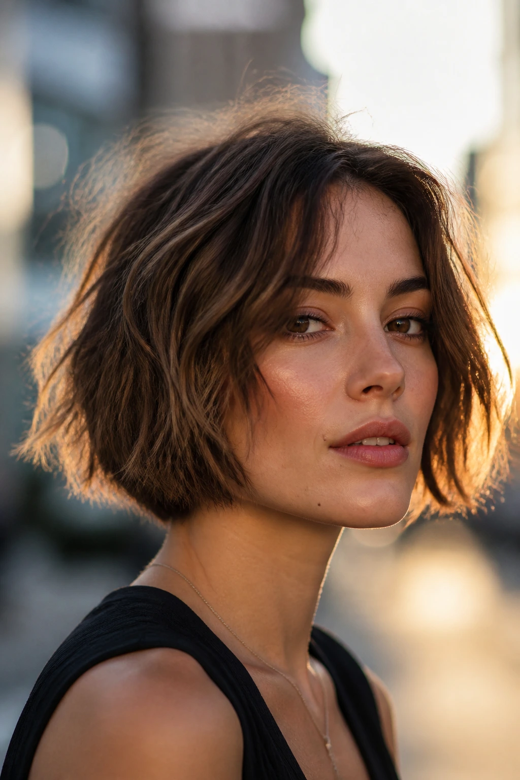 Portrait of a woman with textured choppy bob in city sunlight