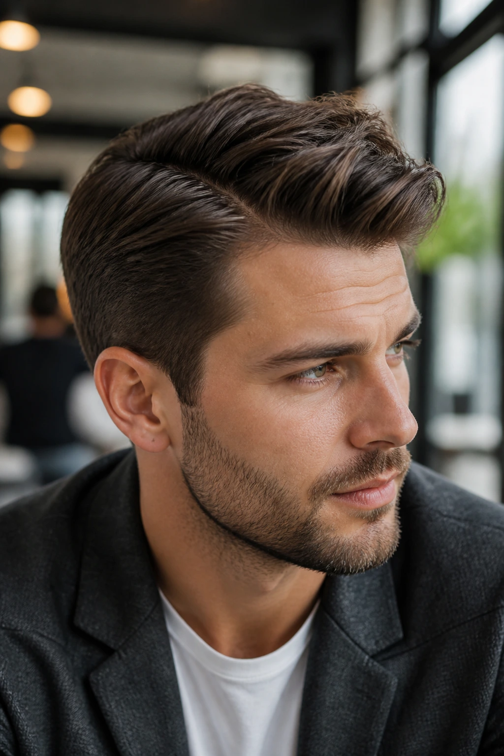 Man with textured comb over hairstyle in a modern cafe setting.