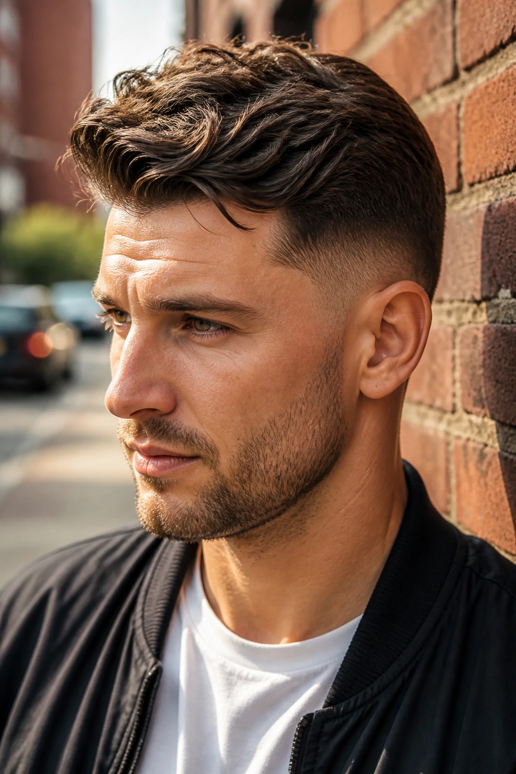 Close-up portrait of a man with a textured comb over and taper in an urban setting.