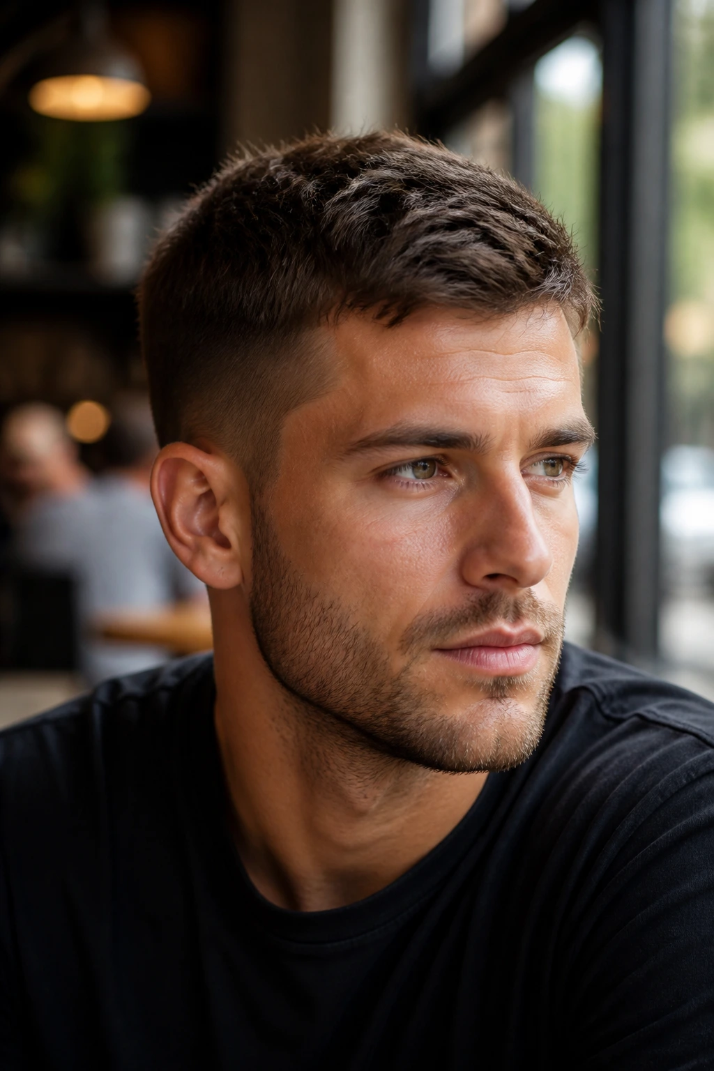 Close-up of a real man with a textured crew cut in natural cafe light
