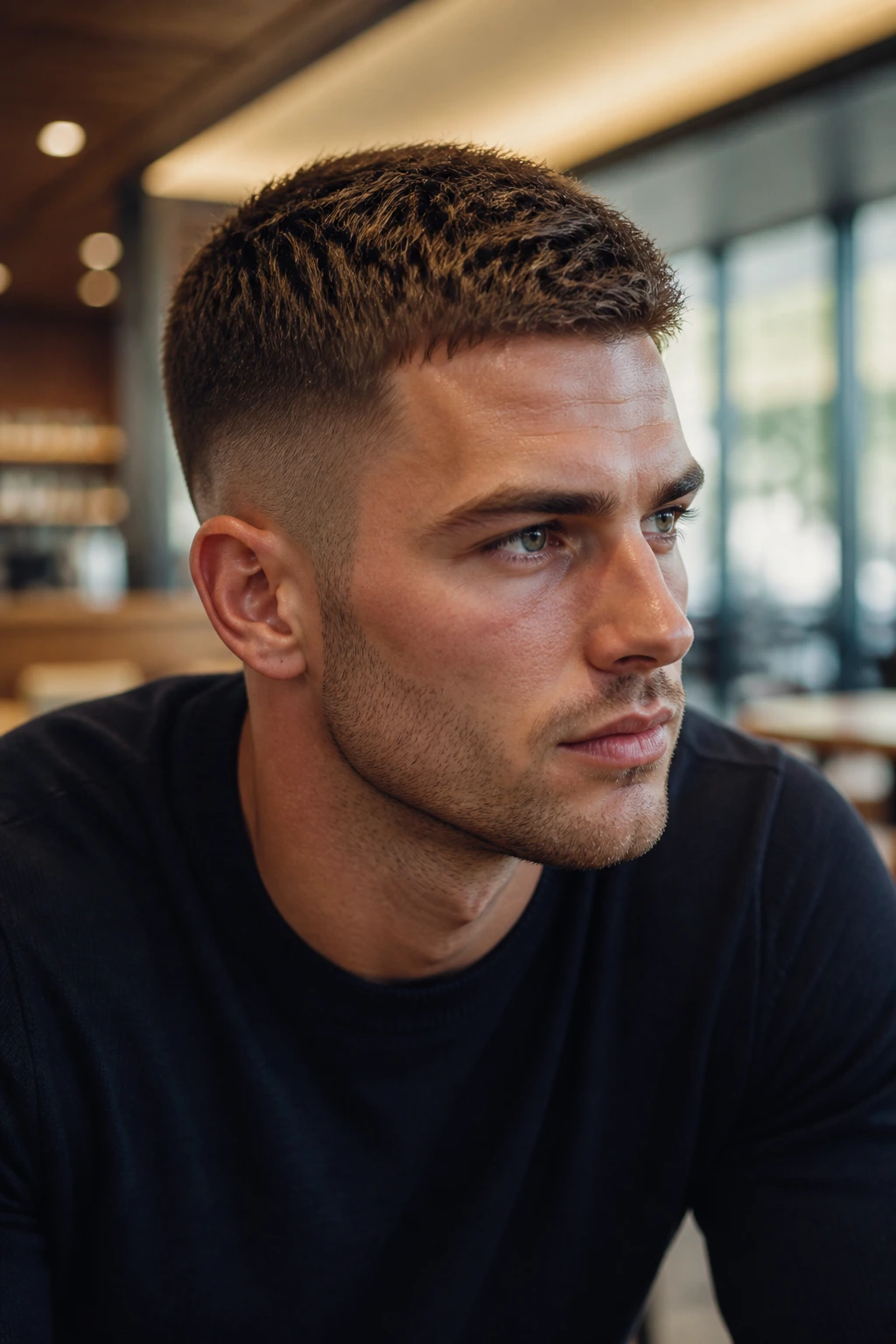 Close-up portrait of a man with a textured crew cut in a modern interior setting