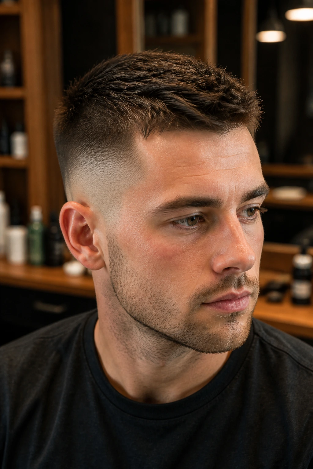 Close-up of a man with a textured crew cut in a barber shop