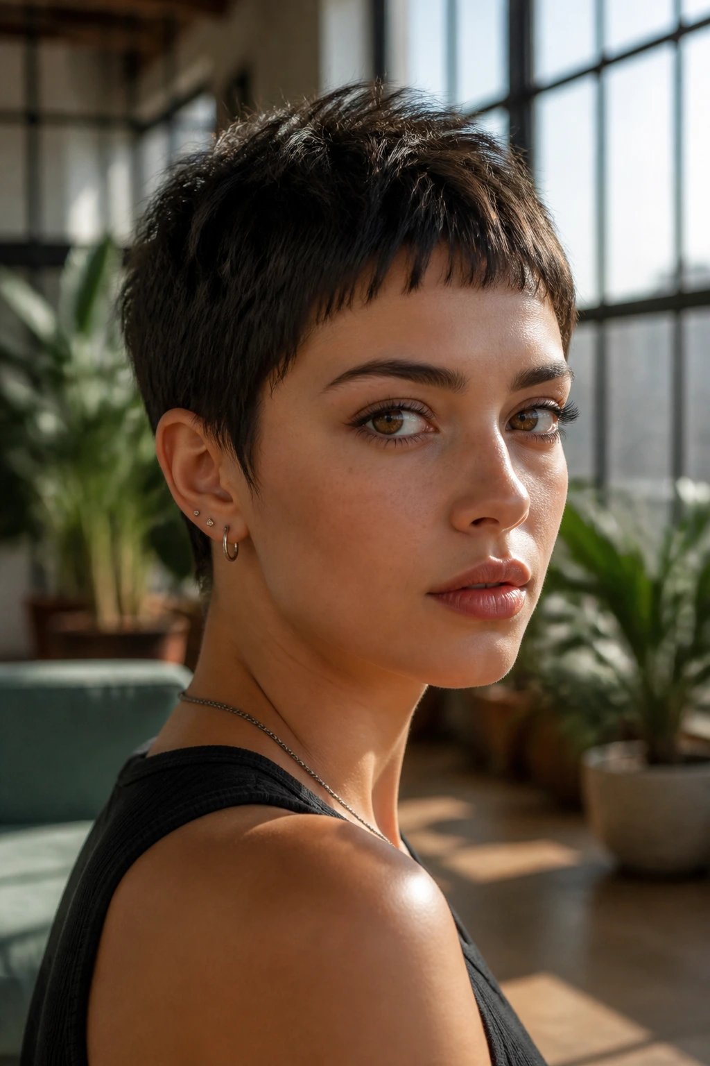 Portrait of a person with textured crop and baby fringe in a bright loft
