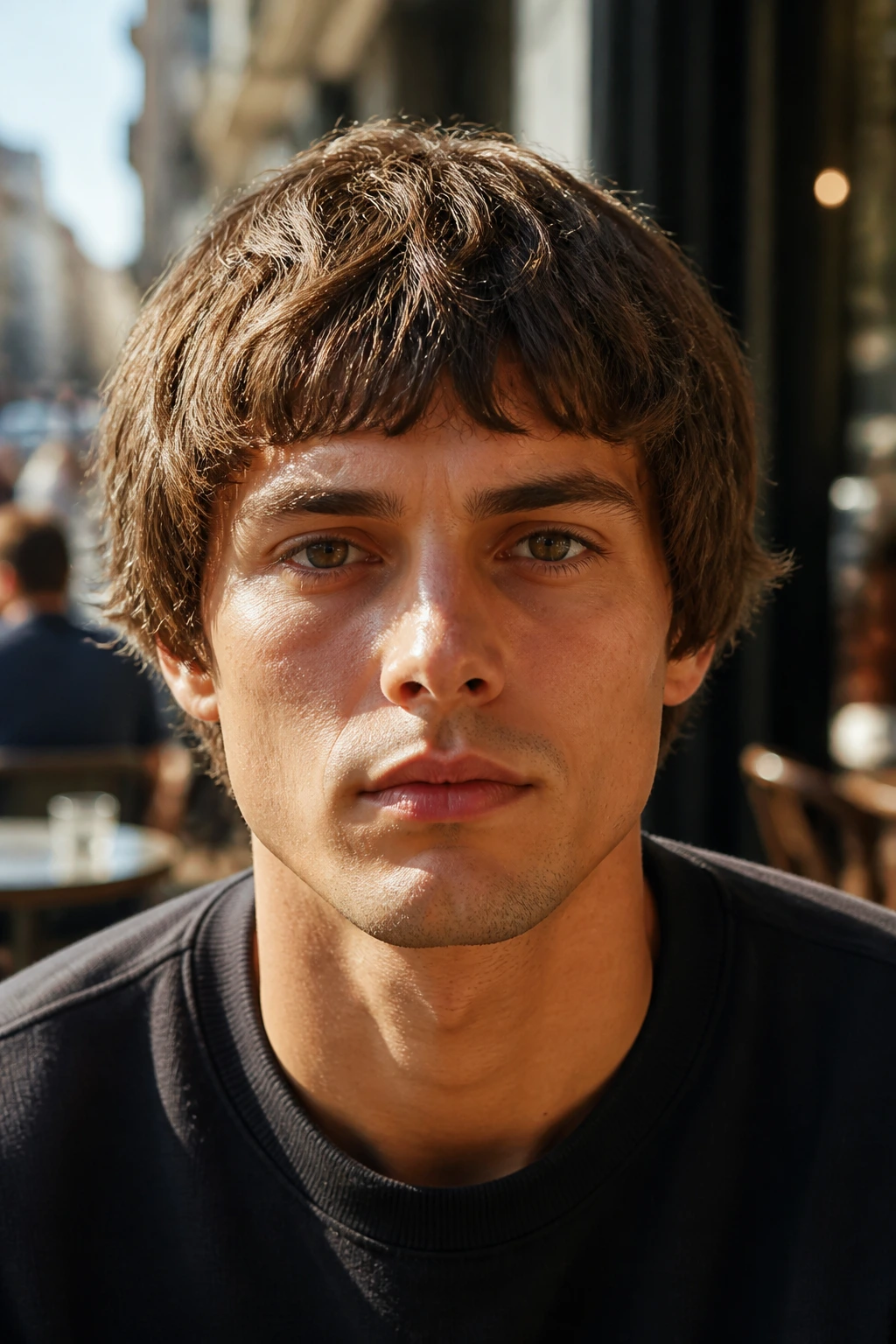 Man with textured crop bob at a street cafe