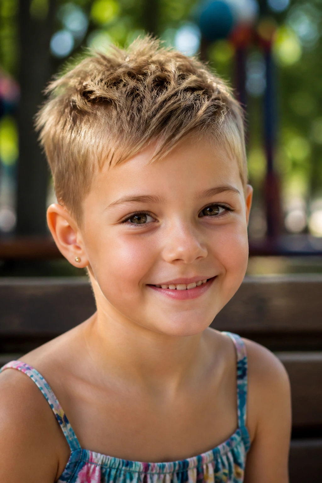 Close-up of a real girl with a textured crop hairstyle outdoors