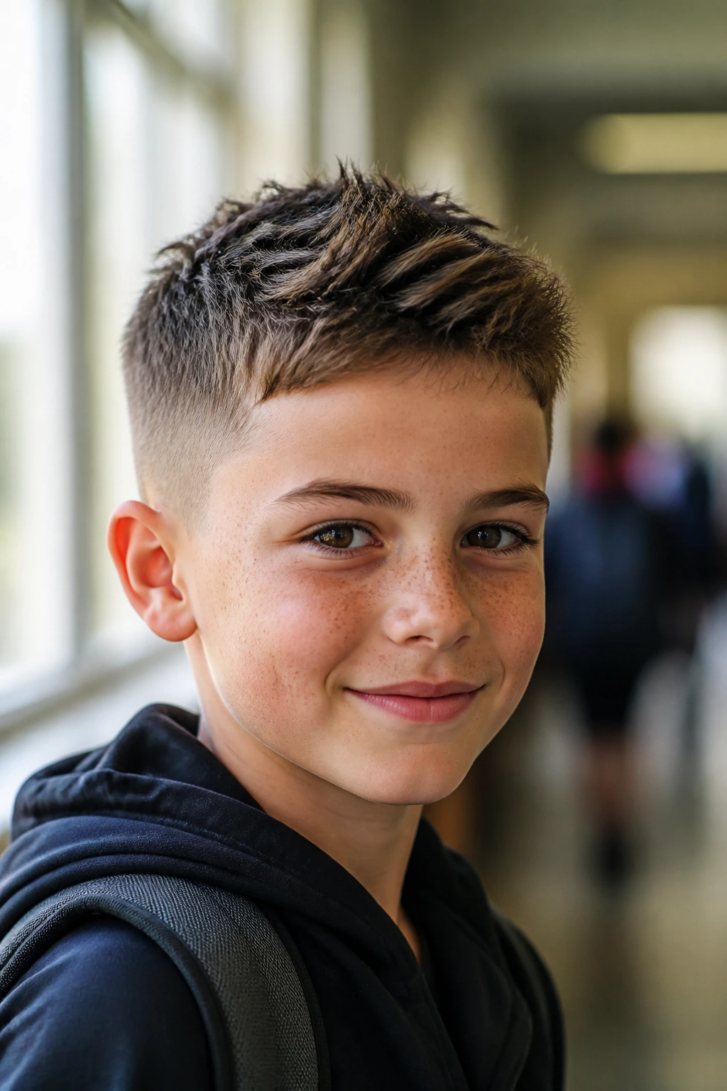 Portrait of a child with a textured crop, suitable for school, sports, and photos.