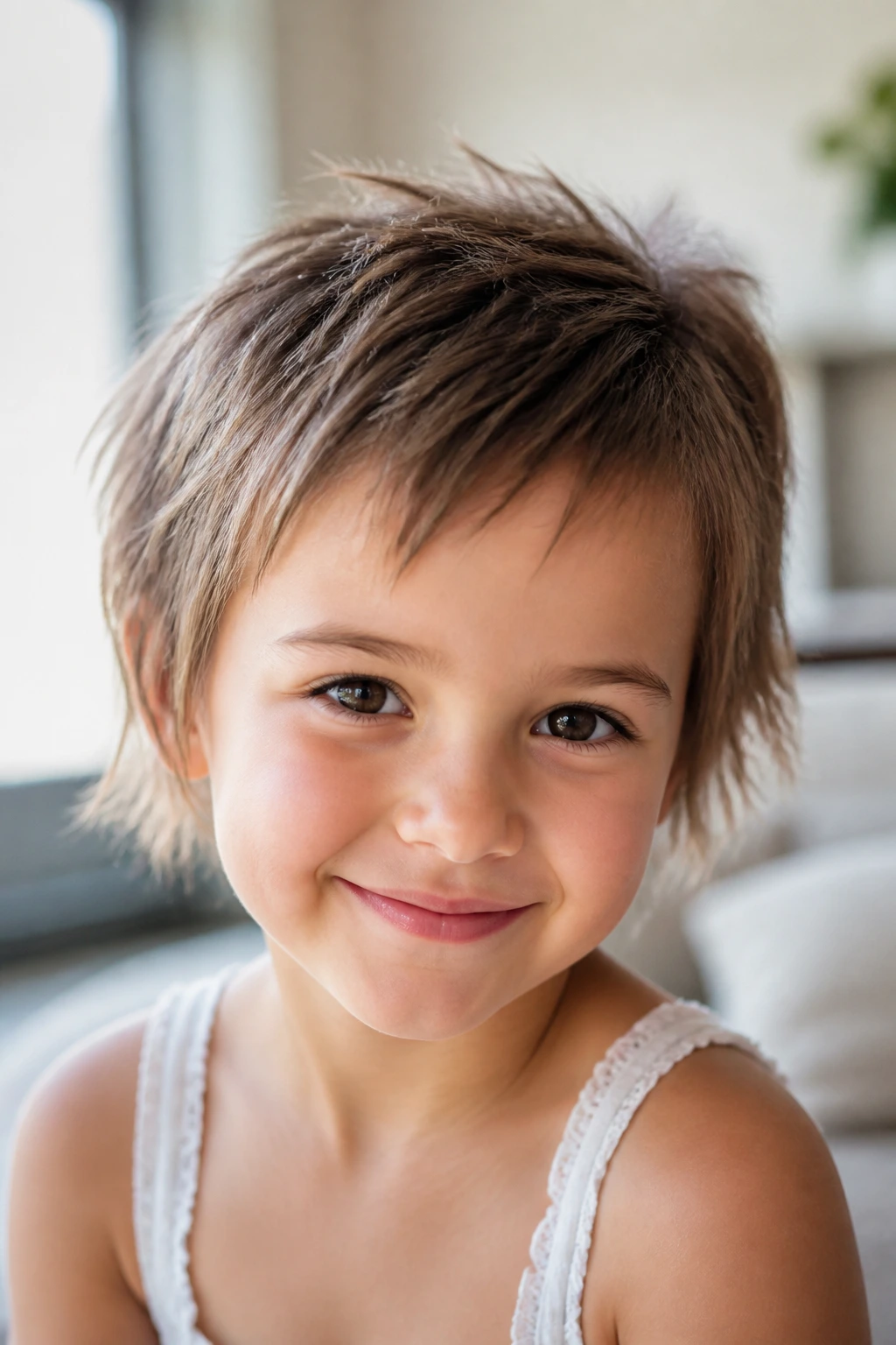 Close-up of a child with a textured crop and choppy ends in a bright living room