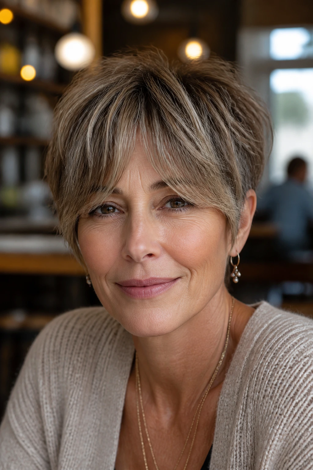 Close-up portrait of a real woman with a textured crop and curtain fringe