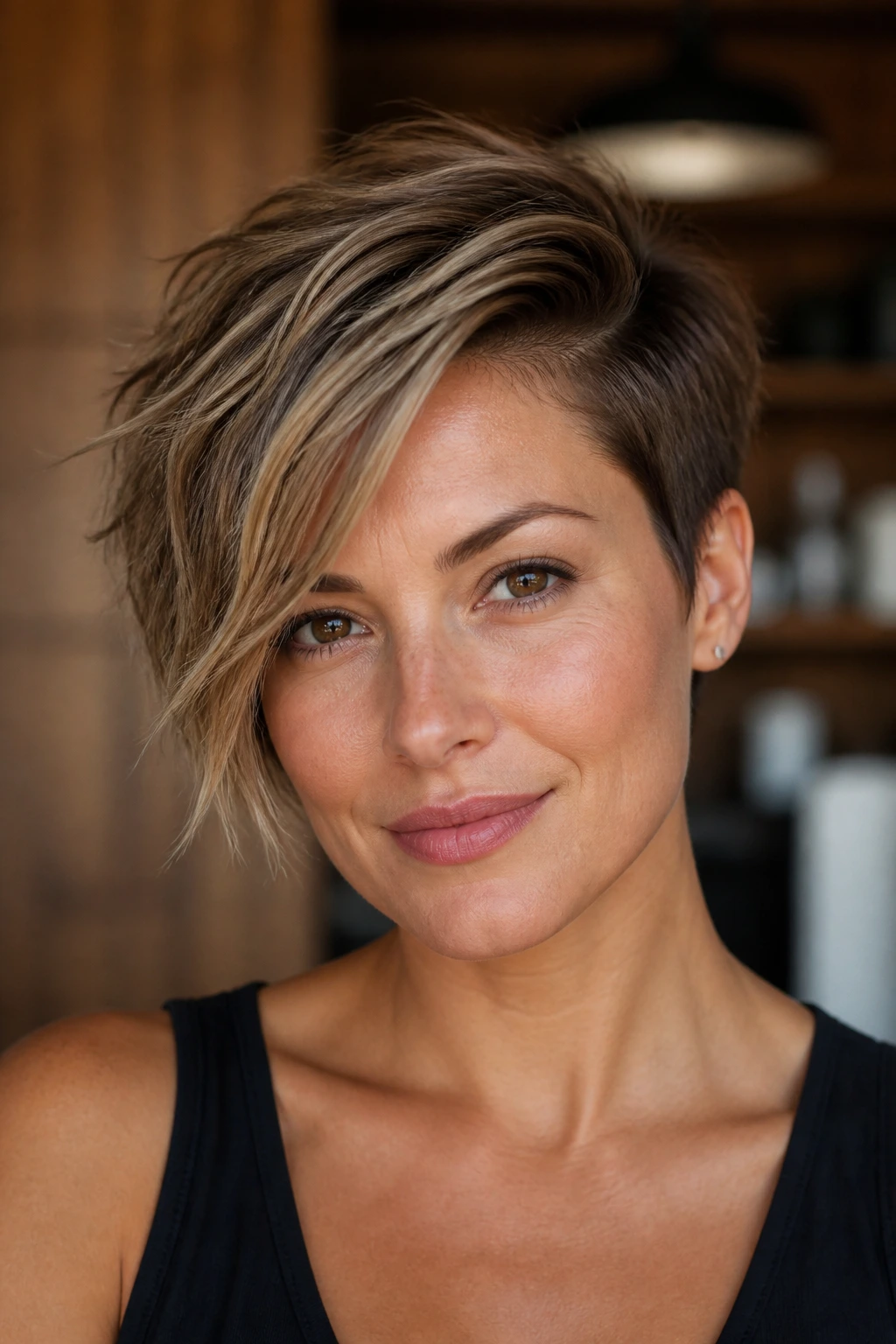 Portrait of a woman with a textured crop and deep side part