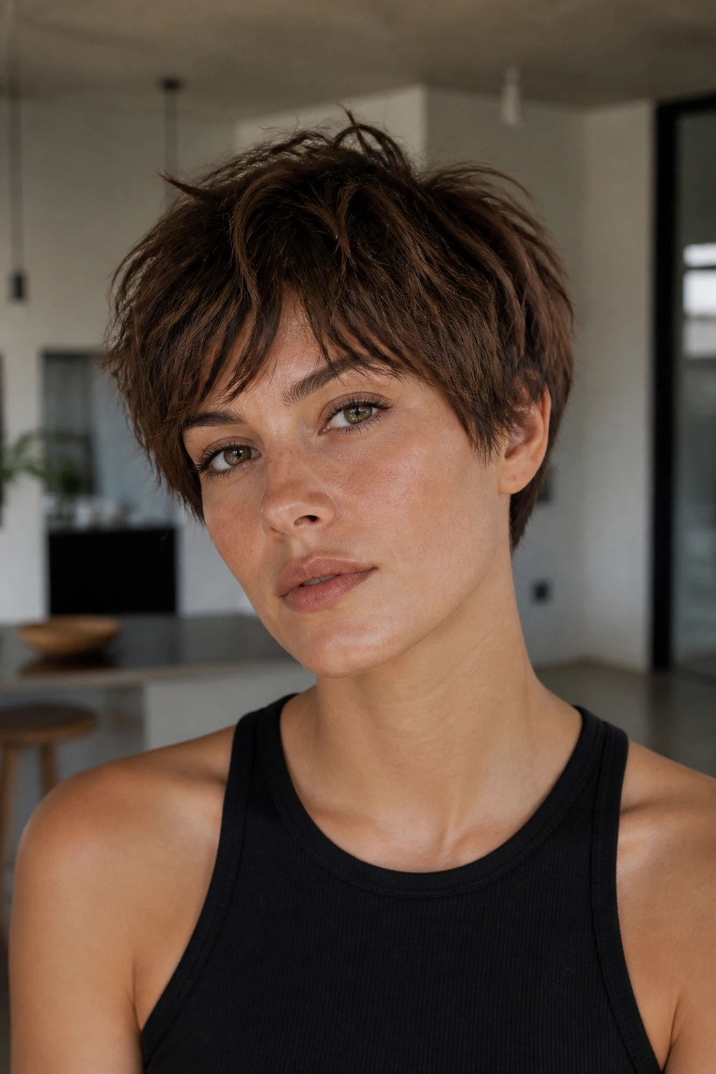 Close-up of a real woman with textured crop and piecey ends showing texture
