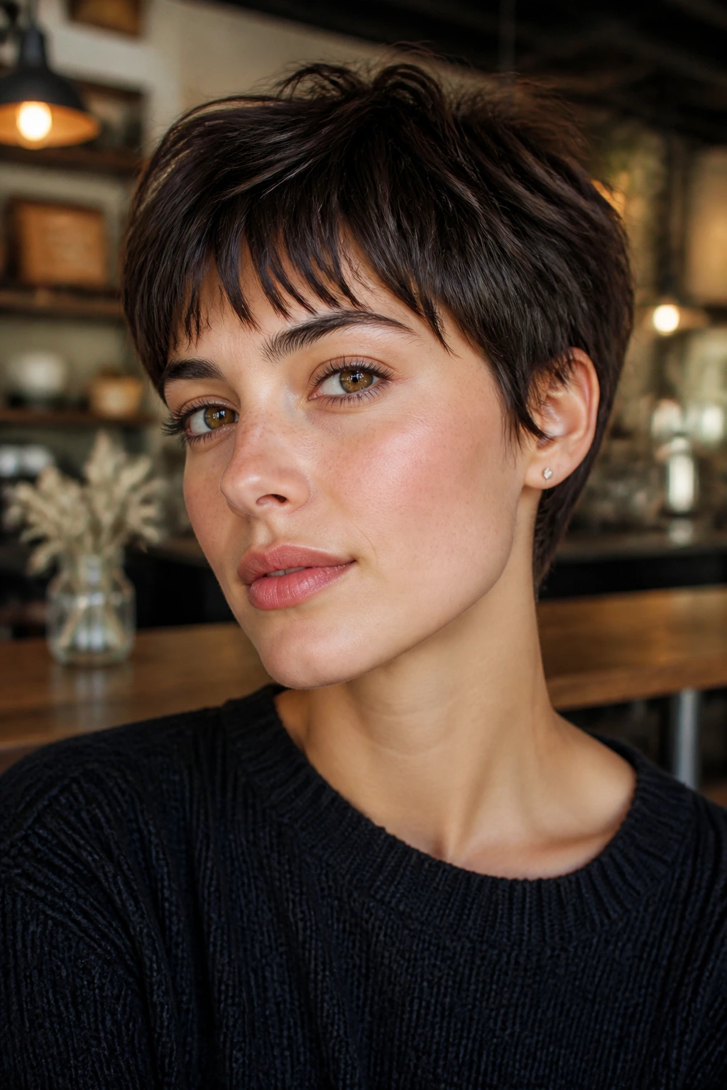 Close-up portrait of a real woman with a textured crop and eyebrow bangs under warm cafe lighting