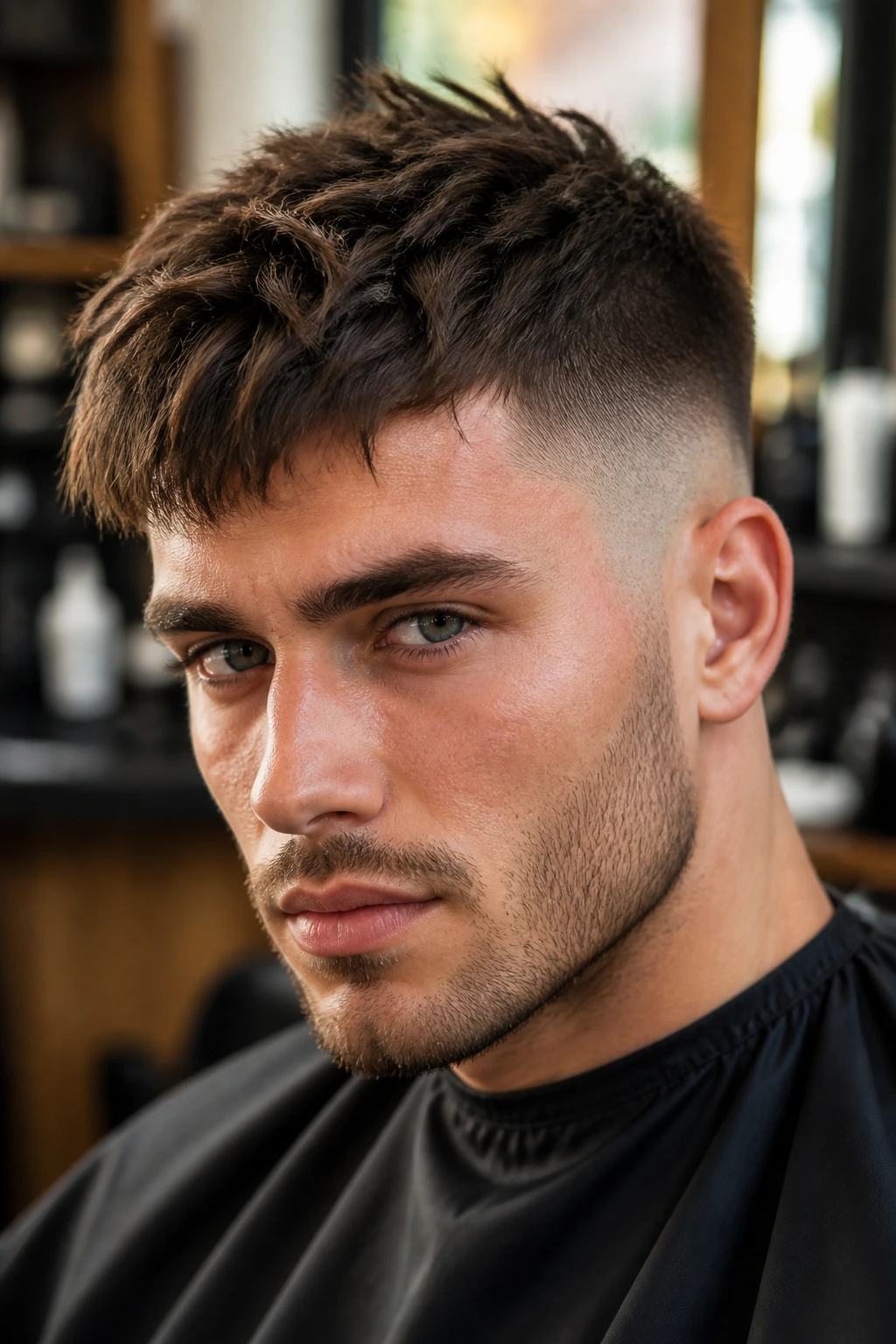 Close-up of man with textured crop fade and forward fringe
