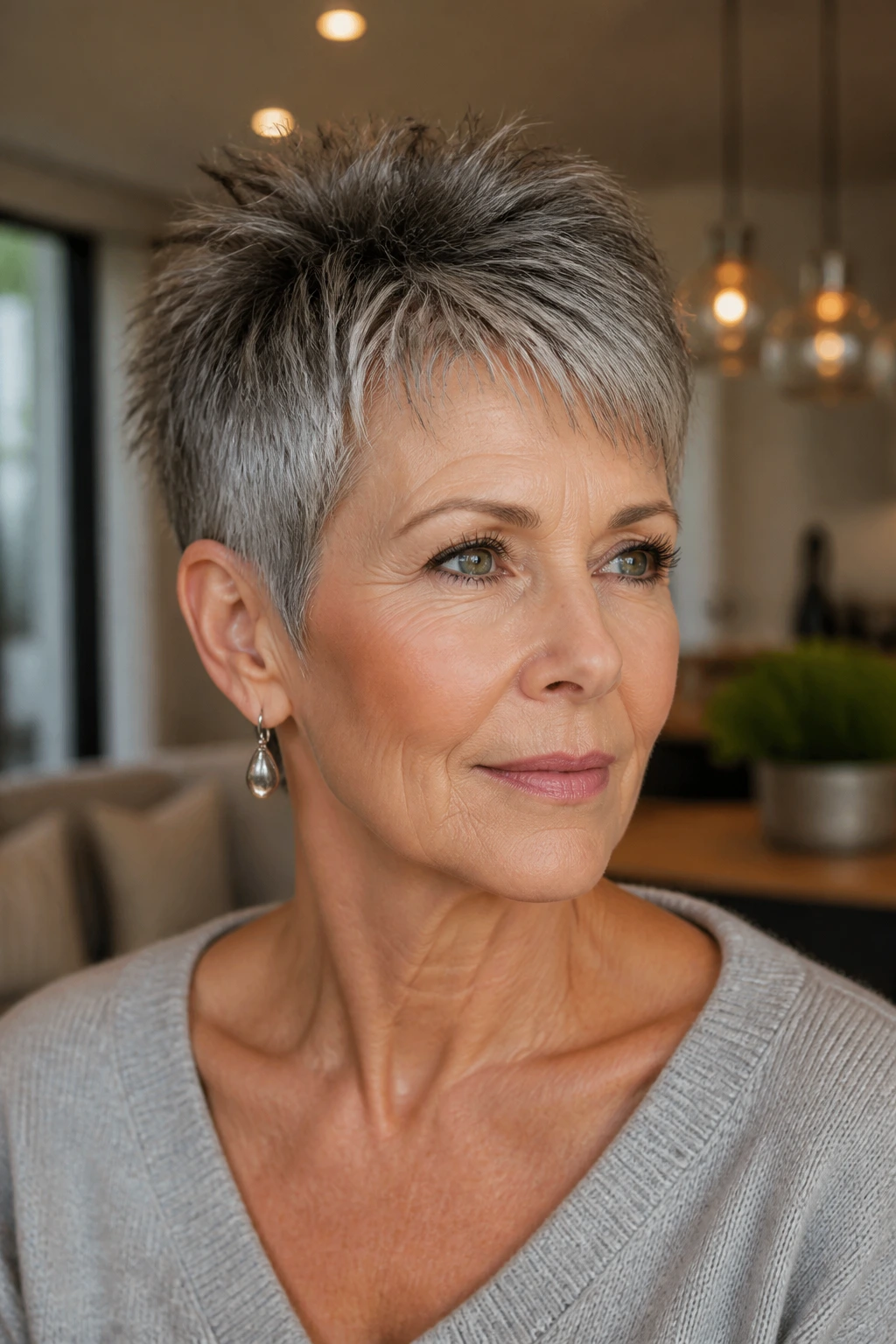 Mature woman with textured crop and feathered crown in a modern interior