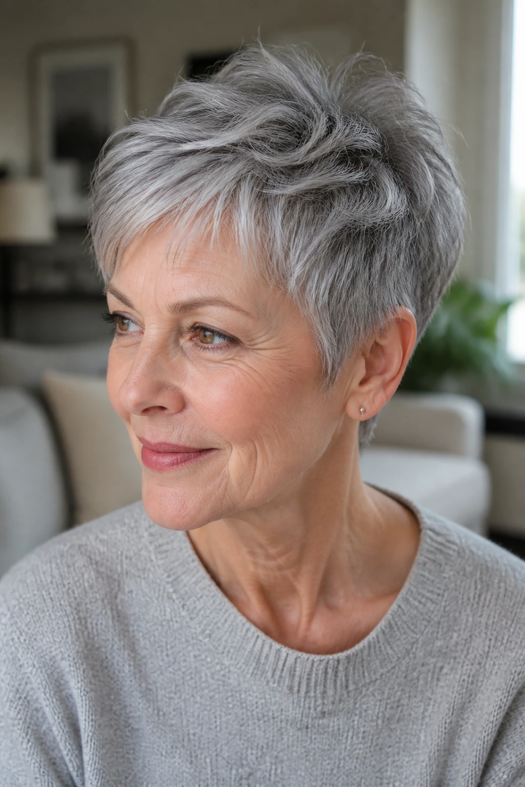 Close-up portrait of a real woman with a textured crop for fine gray hair