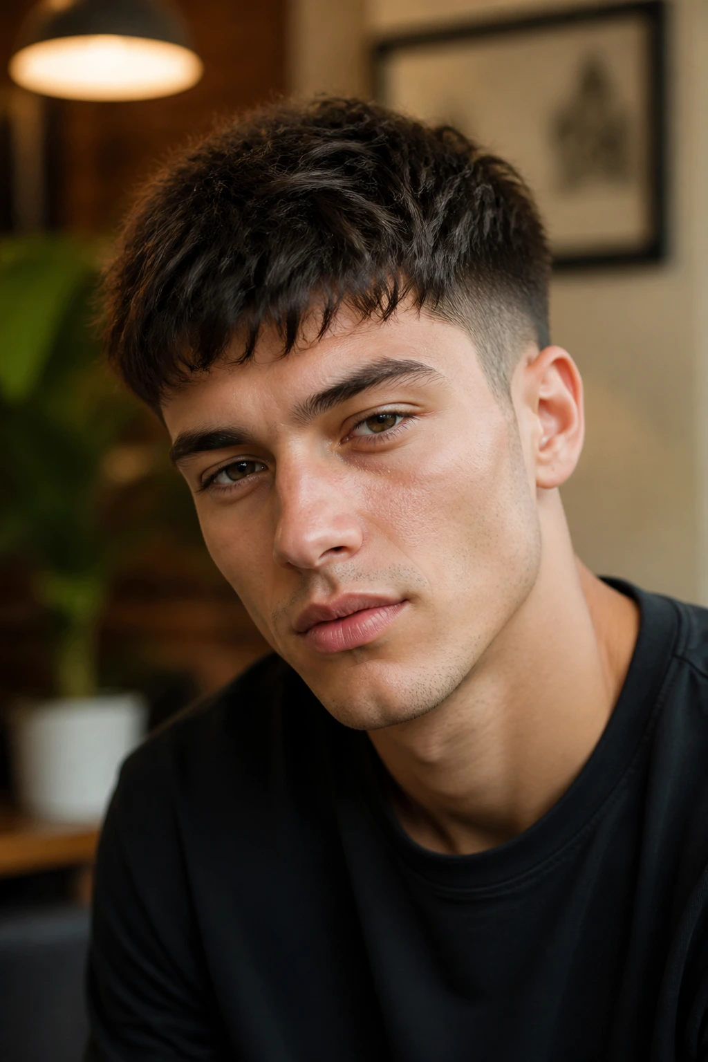 Man with textured crop and choppy fringe, portrait.
