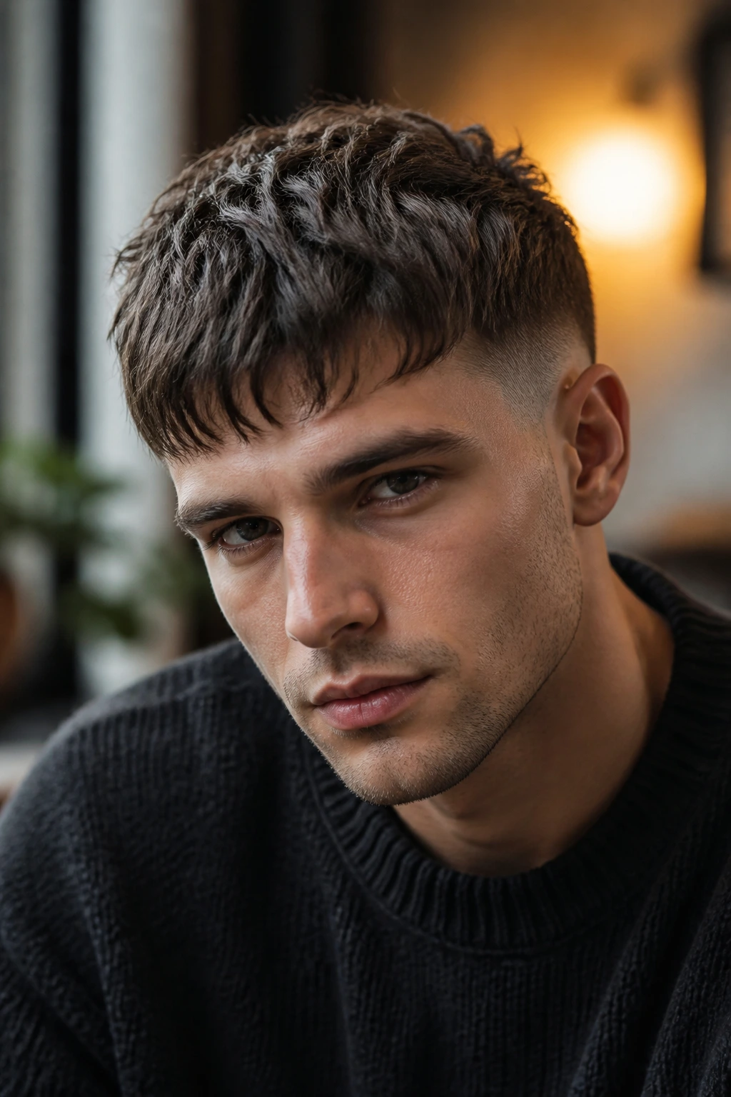 Close-up of a man with textured crop and choppy fringe