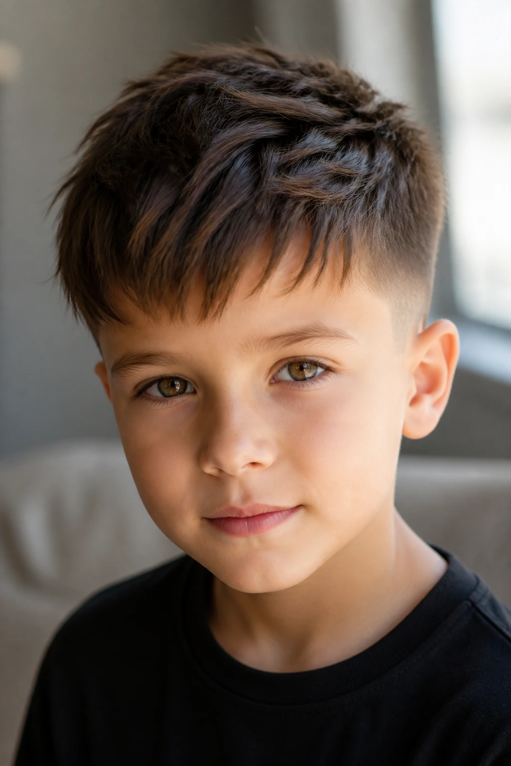 Close-up of a real child with a textured crop and forward fringe
