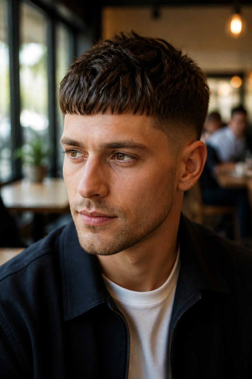 Man with textured crop and clean fringe portrait in a cafe setting