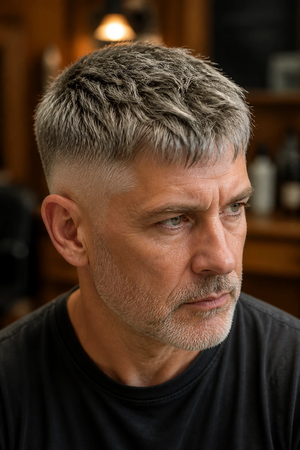 Close-up of a man with textured crop and gray hair in a barbershop setting
