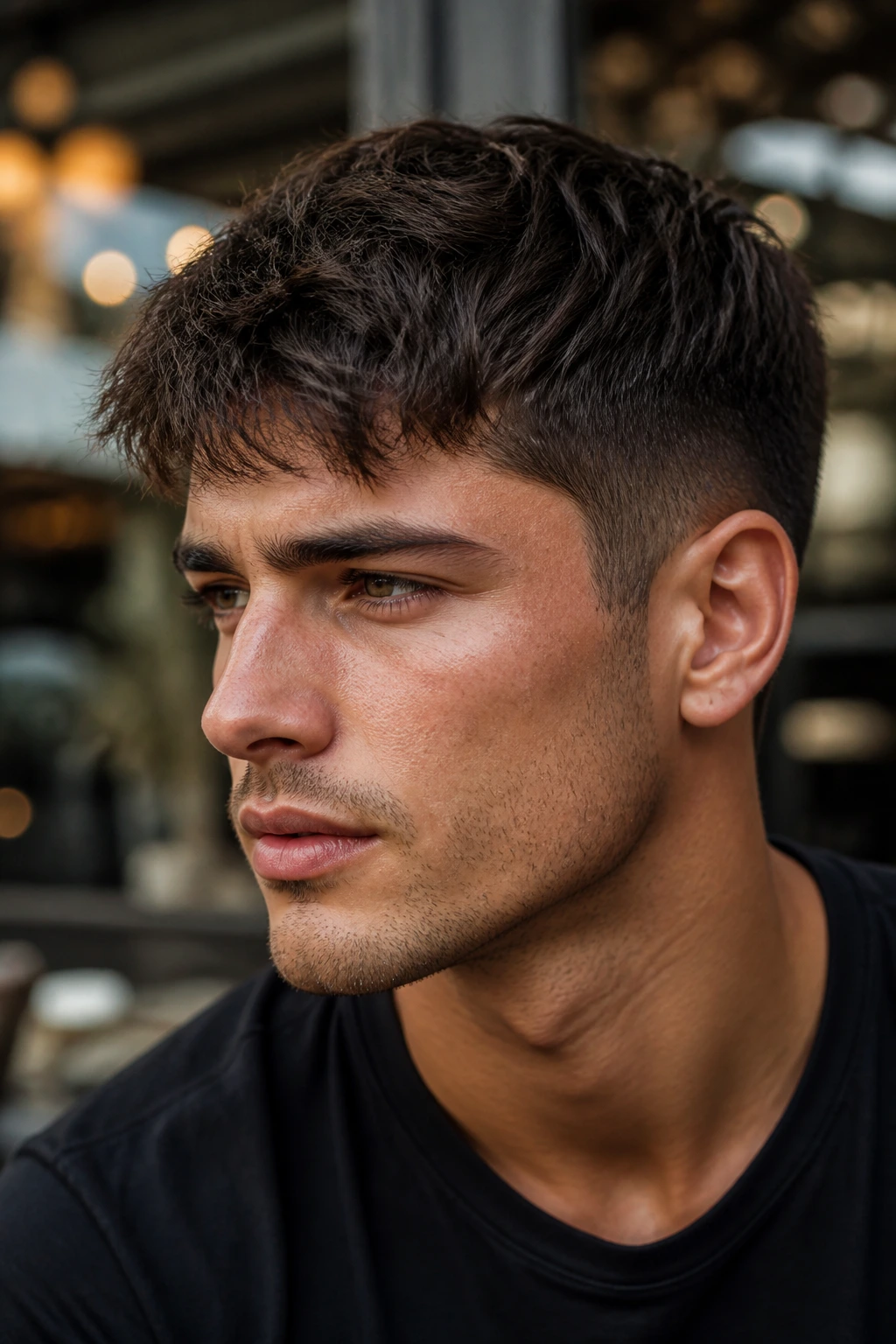 Close-up of a man with a textured crop hairstyle outdoors