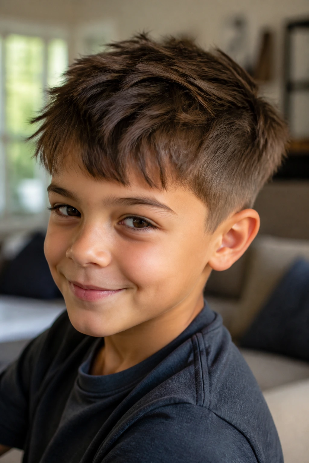 Close-up portrait of a real child with a textured crop in a casual home setting