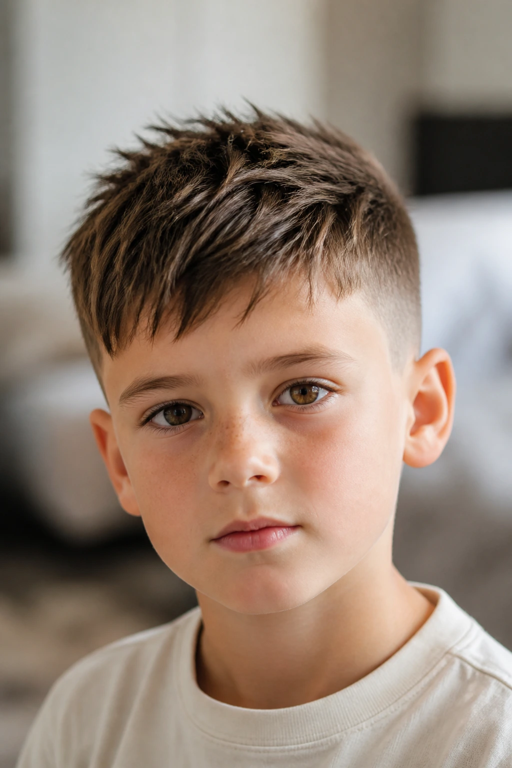 Close-up of a real boy with a textured crop hairstyle.