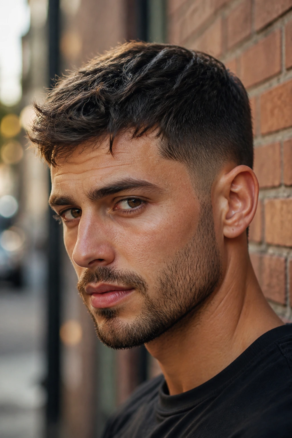 Close-up of a man with a textured crop hairstyle in urban daylight