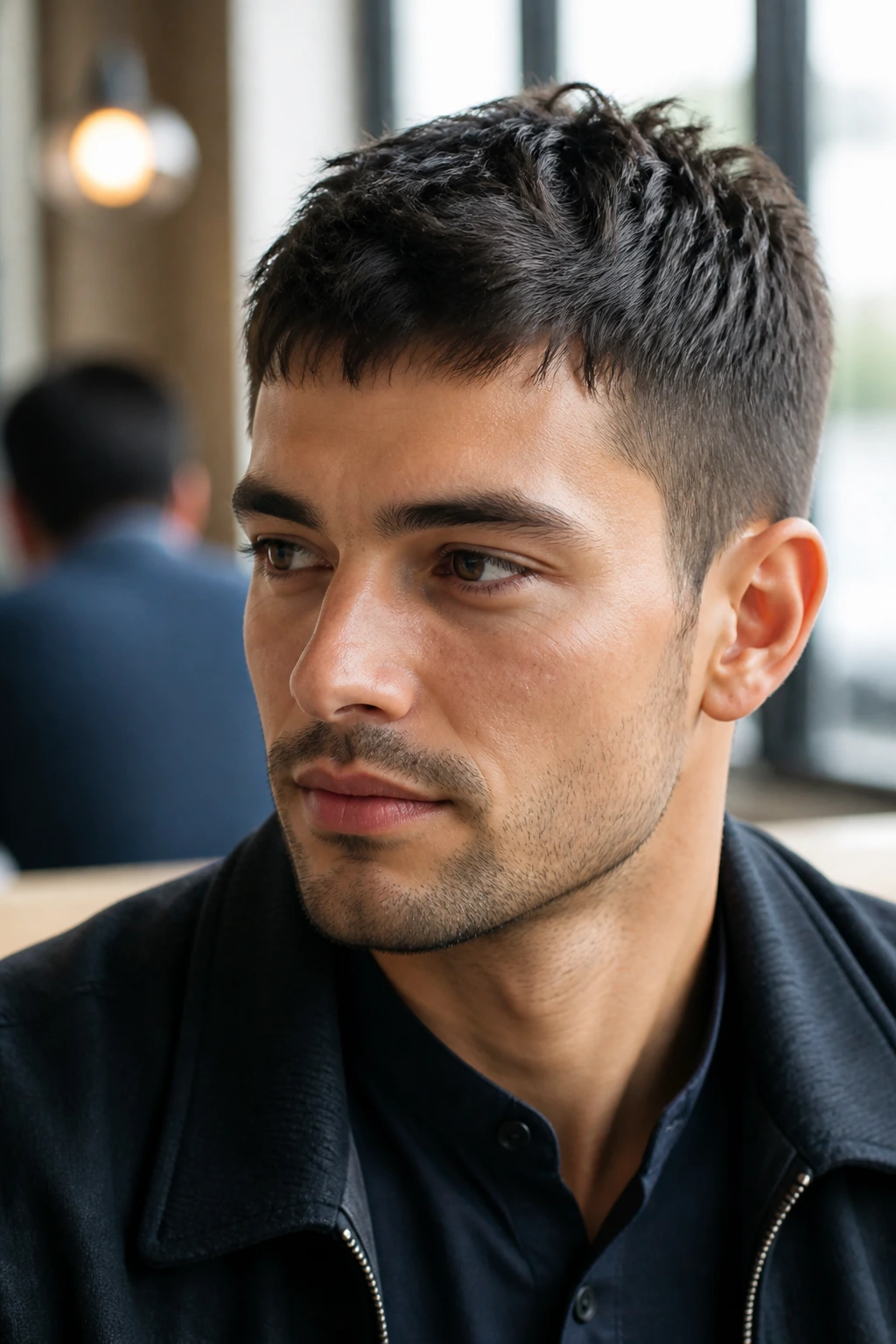 Portrait of a man with a textured crop in a casual office/lounge setting