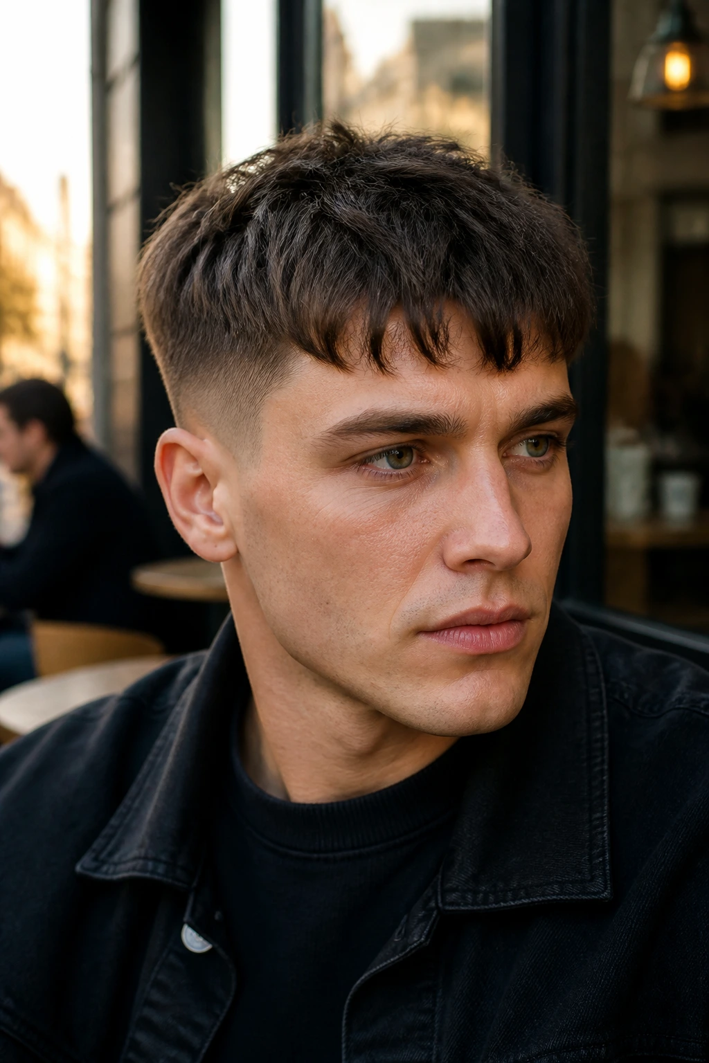 Close-up portrait of a man with textured crop haircut, choppy top and matte finish
