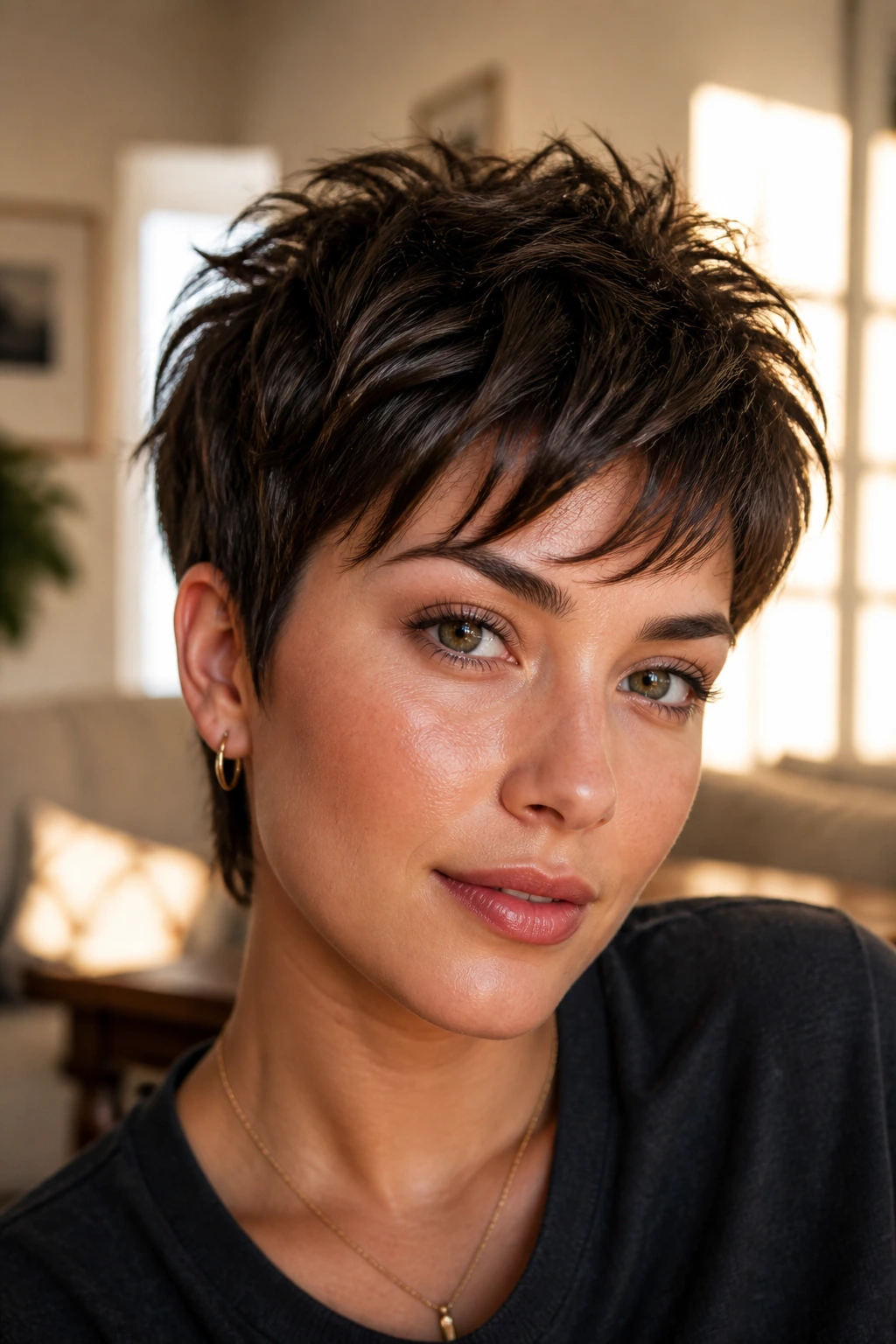 Portrait of a woman with textured crop hairstyle in living room light