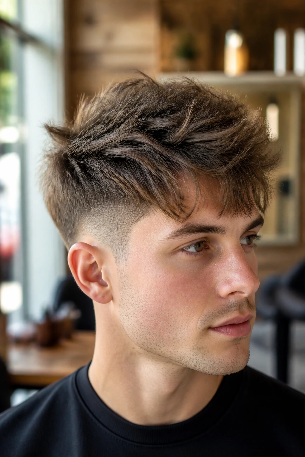 Close-up portrait of a person with a textured crop and long crown layers in a warm salon setting