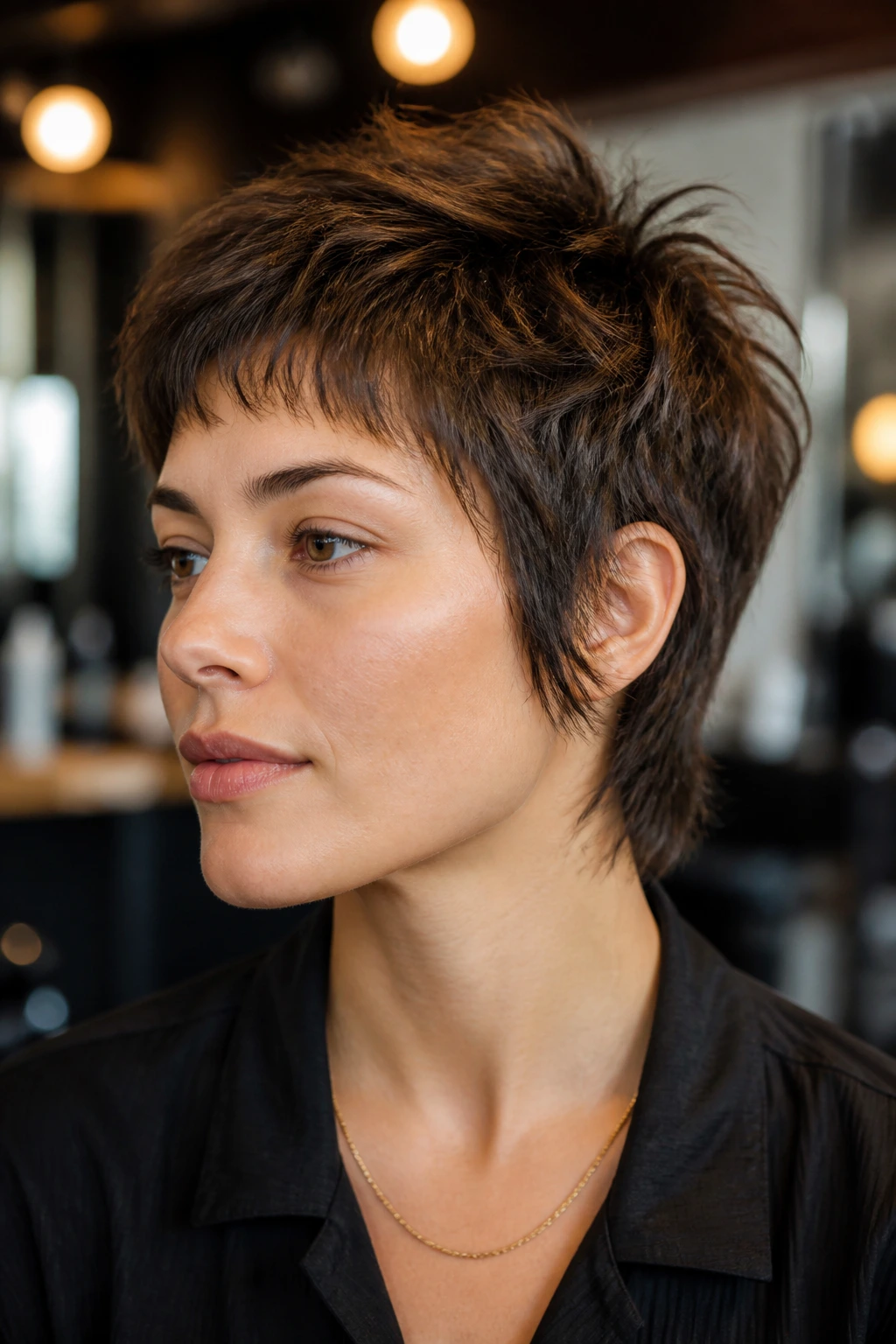 Close-up of a real person with textured crop with long sides in warm salon light