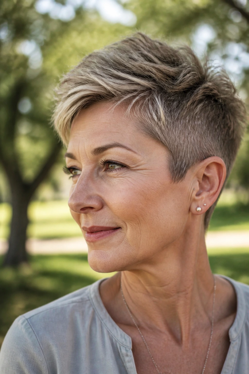 Close-up of a real woman with a textured crop and longer top in a sunny park