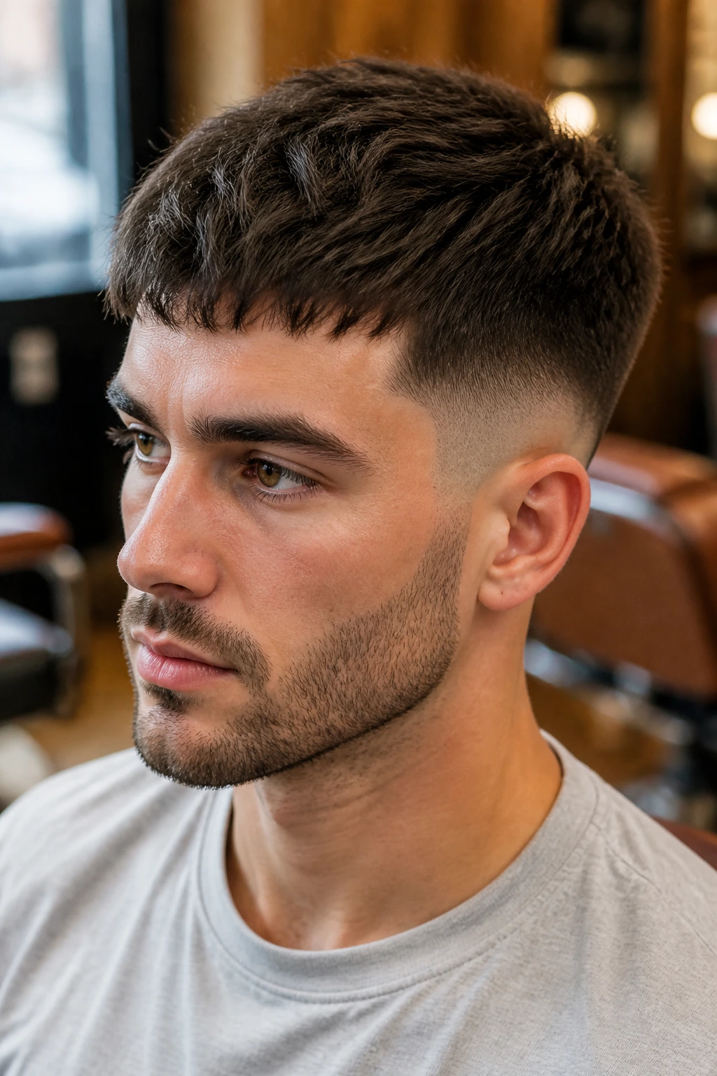 Close-up of a man with a textured crop and mid fade in a warm barbershop