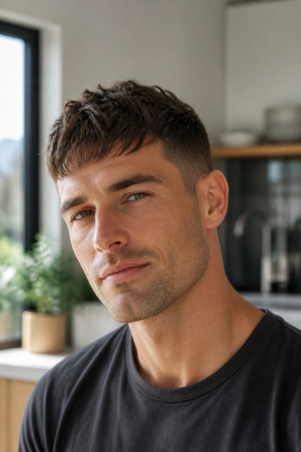 Portrait of a man with a textured crop designed for easy mornings in a kitchen.