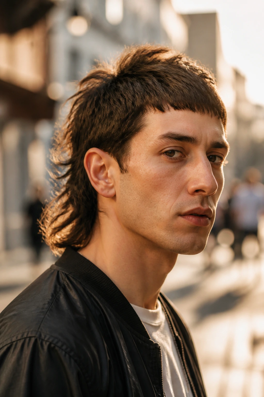 Close-up portrait of a real person with textured crop mullet and short front