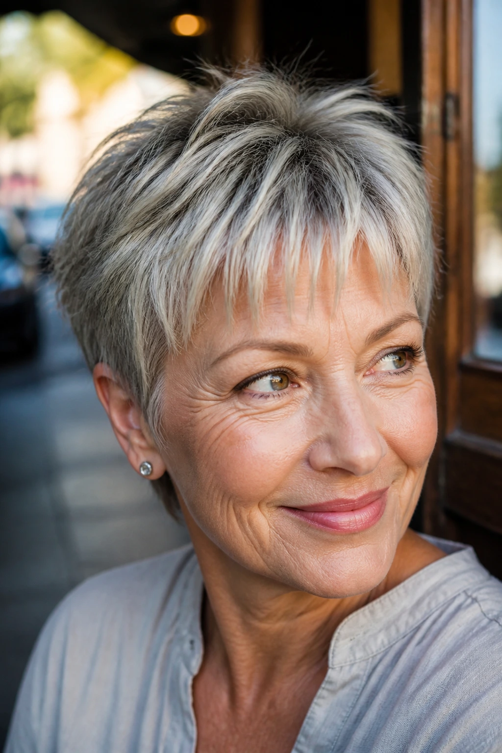 Close-up of woman with textured crop and piecey bangs in outdoor light