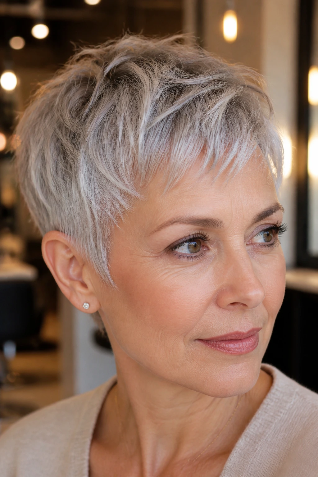 Real person with short textured crop and piecey ends in a bright salon setting.
