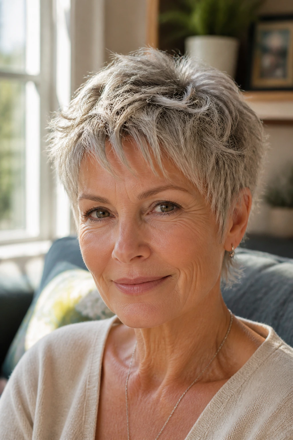 Close-up portrait of an older woman with textured crop and piecey ends in a sunlit living room.