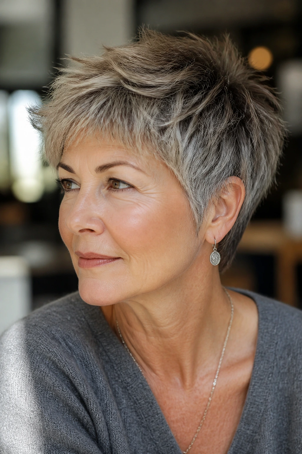 Portrait of a woman with textured crop and piecey layers.