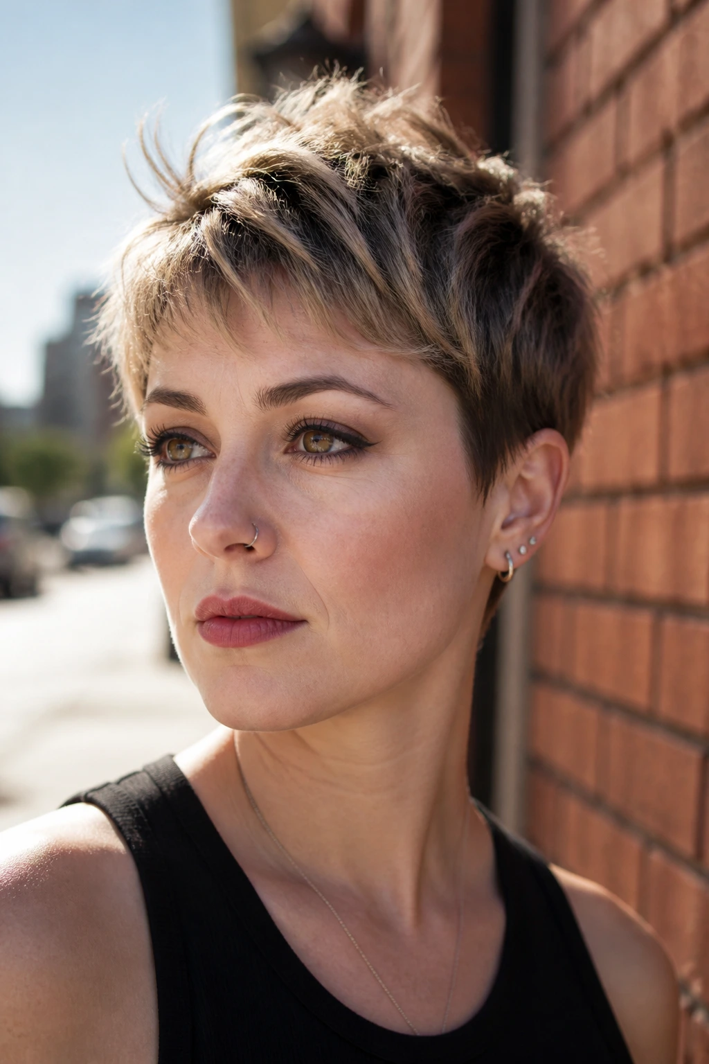 Close-up of a real woman with textured crop pixie hairstyle