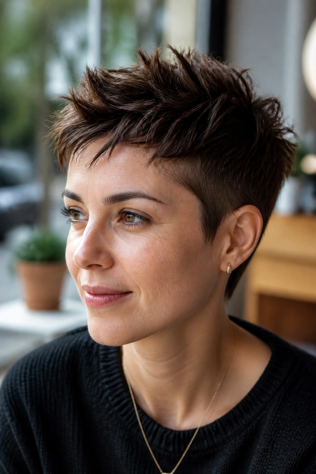 Close-up portrait of a real woman with textured crop hairstyle in daylight.